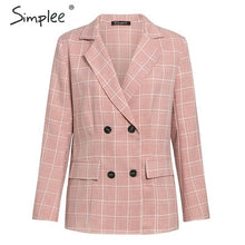 Load image into Gallery viewer, Simplee Fashion plaid women blazer suits Long sleeve double breasted blazer pants set Pink office ladies two-piece blazer sets