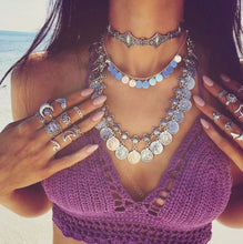 Load image into Gallery viewer, Bohemian Carved Flower Silver Plated Coin Necklace Adjustable Handmade Boho Gypsy Beachy Ethnic Tribal Festival Jewelry Turkish

