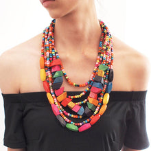 Load image into Gallery viewer, MANILAI Boho Multicolor Woods Necklaces For Women Long Wooden Beads Pendant Statement Necklace Beaded Ethnic Jewelry Handmade
